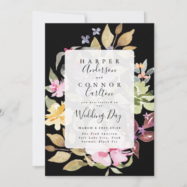 Black Elegant Watercolor Beautiful Wedding Invitation (Front)