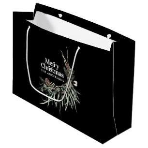 Black elegant watercolor botanical Christmas Large Gift Bag