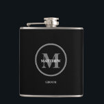 Black elegant Wedding Monogram GROOM Hip Flask<br><div class="desc">Personalized this flask with the monogram and name for the groom. Black and white,  classic,  simple and modern with an area to include your wedding date and special messageon the back. Easy to personalize and customize. Elegant and trendy black flask..</div>