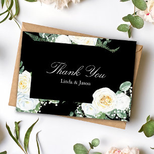 Black Elegant White Roses Wedding Thank You Card