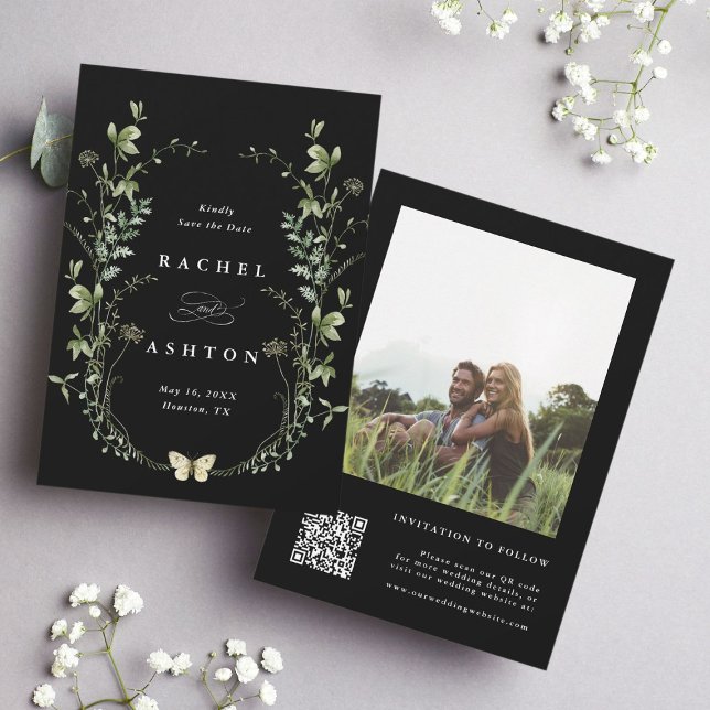 Black Elegant Wildflower Watercolor Wedding Photo Save The Date (Creator Uploaded)