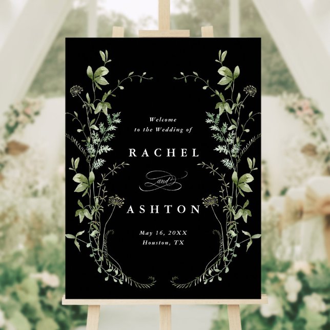 Black Elegant Wildflowers Wedding Welcome Sign (Creator Uploaded)