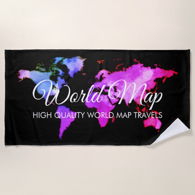 Black Elegant World Map Adventure Travel Agent Beach Towel (Front)