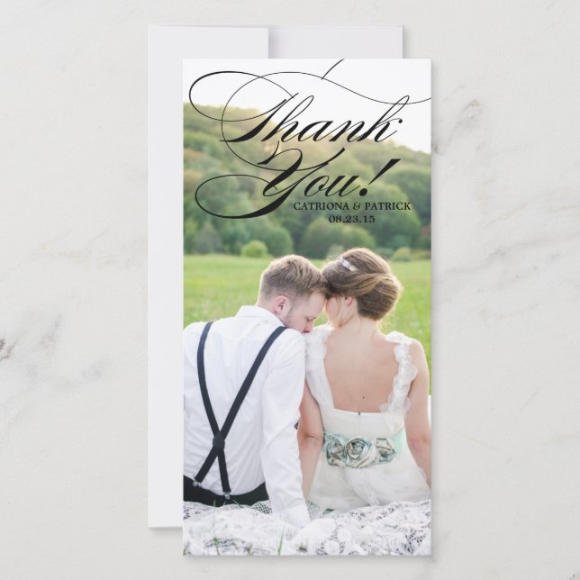 Black Elelgant Script Wedding Thank You Phoot Card (Front)