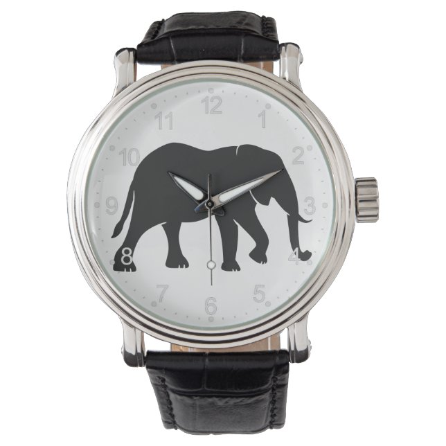Black Elephant Illustration Animal on Zoo Silhouet Watch (Front)