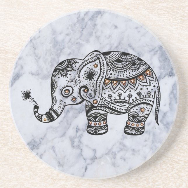 Black Elephant On Grey Marble Stone Coaster (Front)