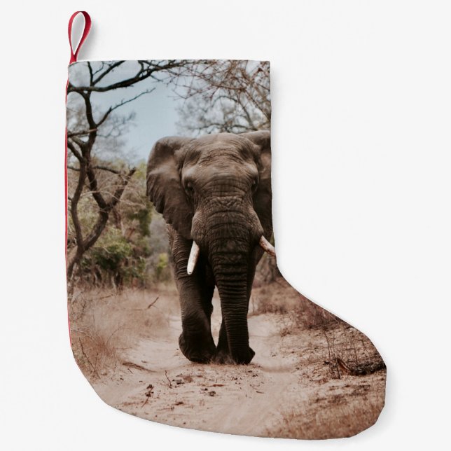 BLACK ELEPHANT WALKING ON BROWN SAND SMALL CHRISTMAS STOCKING (Front)