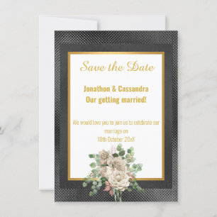 BLACK EMBOSSED LAYER ROSE EUCALYPTUS SAVE THE DATE