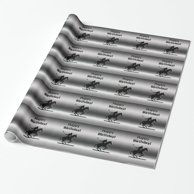 Black Embossed-look Polo Player, Happy Birthday Wrapping Paper (Unrolled)