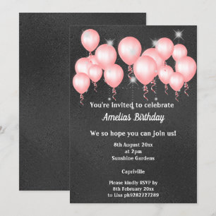 BLACK EMBOSSED METAL PINK BALLOON BIRTHDAY PARTY INVITATION