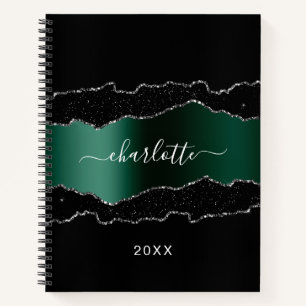 Black emerald green agate marble glitter name notebook