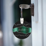 Black emerald green agate marble name script keychain<br><div class="desc">Black,  emerald green and faux silver,  agate,  marble stone print as background Personalize and add your name. The name is written with a modern hand lettered style script.</div>