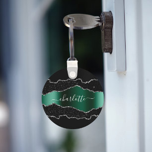 Black emerald green agate marble name script keychain