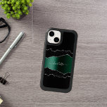 Black emerald green agate marble name script<br><div class="desc">Black,  emerald green and faux silver metal,  agate,  marble stone print as background Personalize and add your name. The name is written with a modern hand lettered style script.</div>