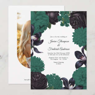 Black & Emerald Green Photo/QR Code Floral Wedding Invitation