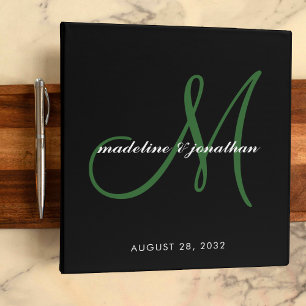 Black Emerald Green Script Monogram Wedding Album Binder