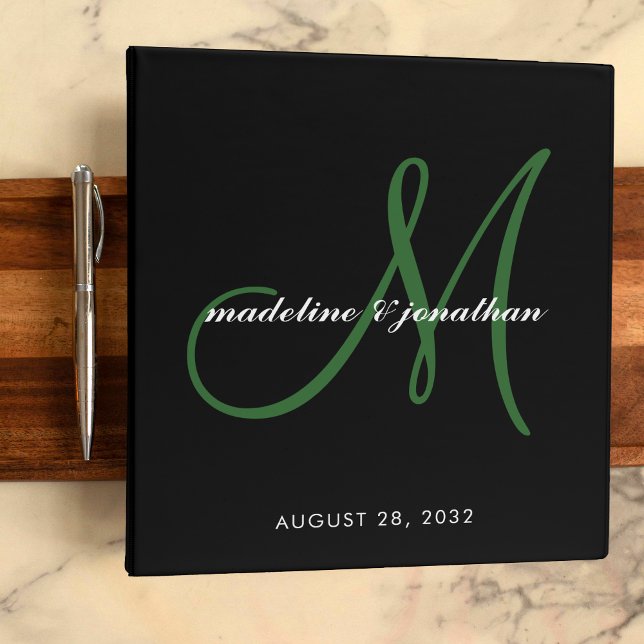 Black Emerald Green Script Monogram Wedding Album Binder (Creator Uploaded)