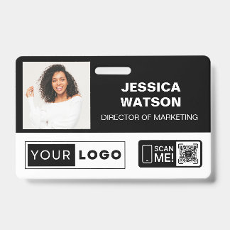 Black Employee Name Badge with Logo and QR Code