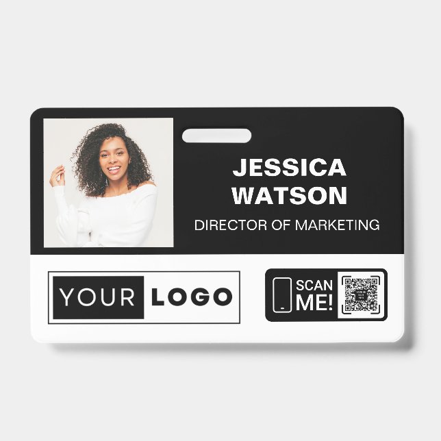 Black Employee Name Badge with Logo and QR Code (Front)