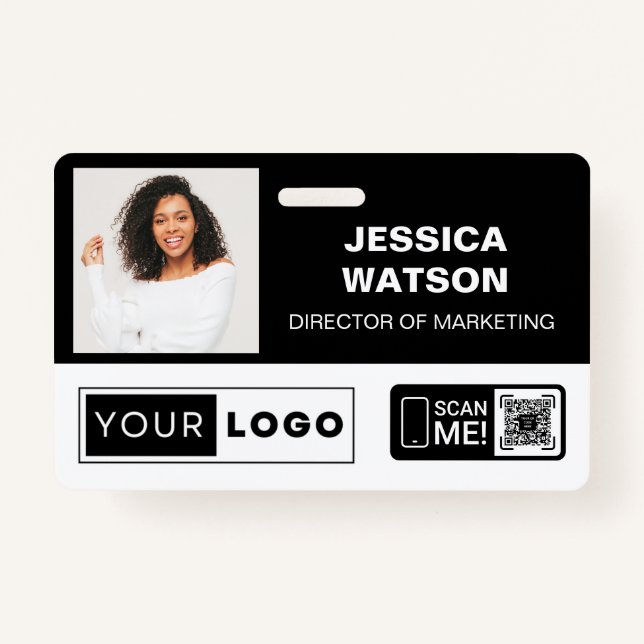Black Employee Name Badge with Logo and QR Code (Front)