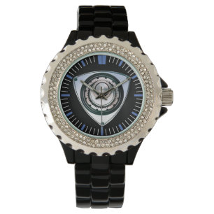 Black Enamel, Rhinestone, Rotary Engine Watch