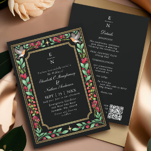 Black Enchanting Botanical Floral Wedding QR Code Invitation
