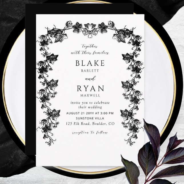 Black Enchanting Garland Chic Wedding  Invitation (Creator Uploaded)