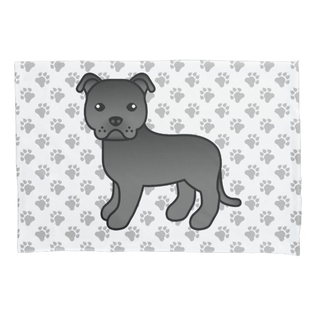 Black English Staffie Cute Cartoon Dog & Paws Pillowcase (Front)