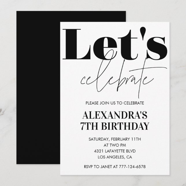 Black et White 7e anniversaire invitation Moderne (Devant / Derrière)