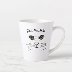 Black Etched Drawing Cat Face Green Eyes Latte Mug
