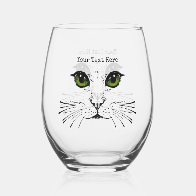 Black Etching Face of Cat Green Eyes Whiskers Stemless Wine Glass (Front)