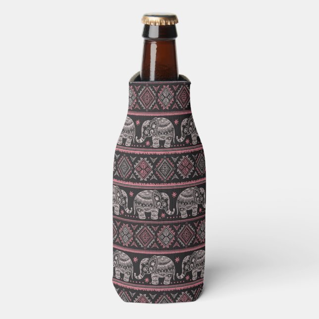 Black Ethnic Elephant Pattern Bottle Cooler (Bottle Front)