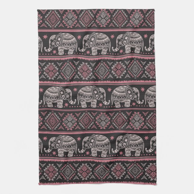 Black Ethnic Elephant Pattern Kitchen Towel (Vertical)
