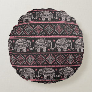 Black Ethnic Elephant Pattern Round Pillow
