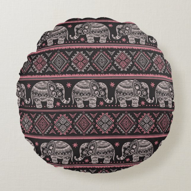 Black Ethnic Elephant Pattern Round Pillow (Front)