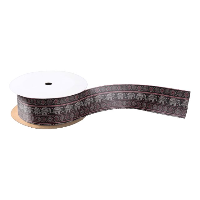 Black Ethnic Elephant Pattern Satin Ribbon (Spool)