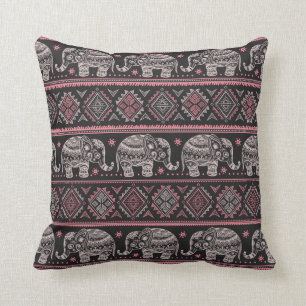 Black Ethnic Elephant Pattern Throw Pillow