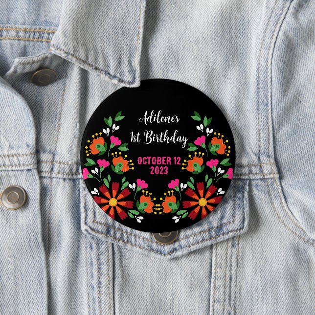 Black Ethnic Flower Fiesta Mexican Embroidery  4 Inch Round Button (In Situ)