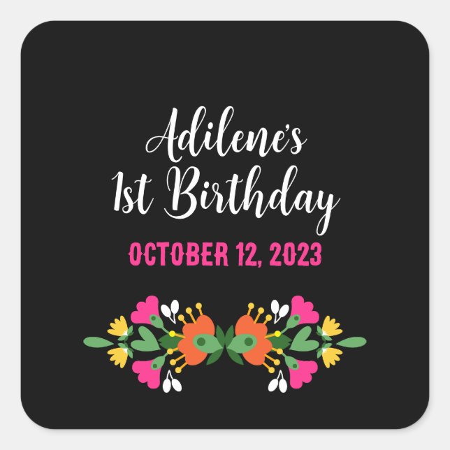 Black Ethnic Flower Fiesta Mexican Embroidery Square Sticker (Front)