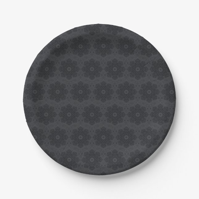 black ethnic mandala pattern paper plate (Front)