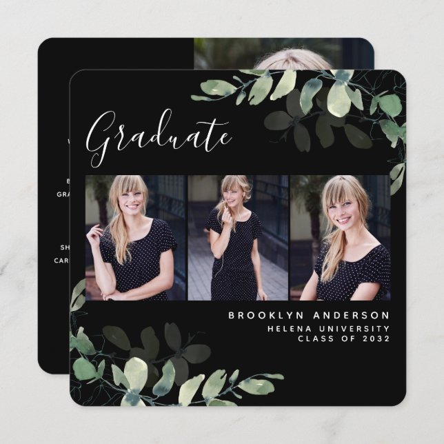 Black Eucalyptus 3 Photos Graduation Announcement (Front/Back)