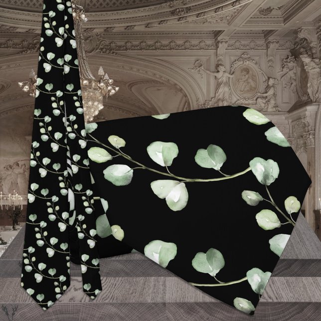 Black & Eucalyptus Greenery Elegant Wedding Tie (Creator Uploaded)
