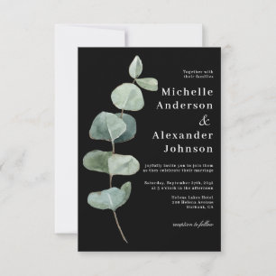 Black Eucalyptus Leaves Together Modern Wedding Invitation