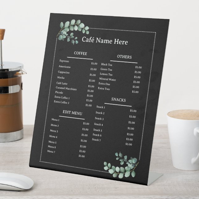 Black | Eucalyptus Minimal Café Coffee Shop Menu Pedestal Sign (In SItu)