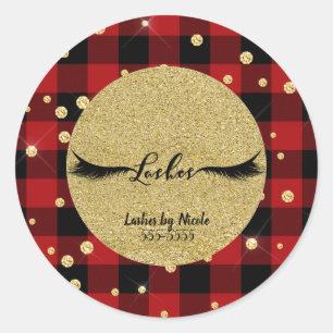 Black Eye Lashes Holiday Red Buffalo Plaid Classic Round Sticker