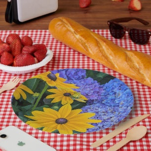 Black Eyed Susan and Blue Hydrangea Floral Paper Plate