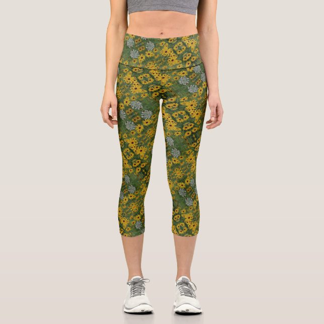 Black Eyed Susan Field Flowers Abstract Pattern    Capri Leggings (Front)