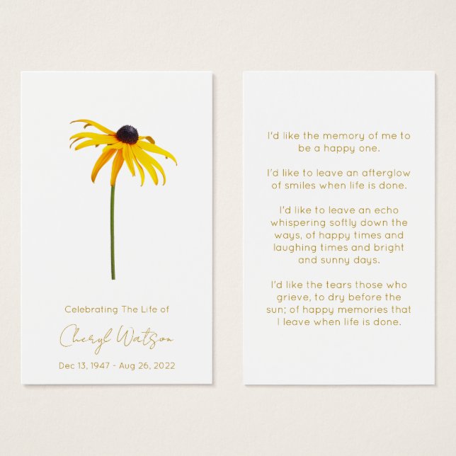 Black eyed susan | Simple Memorial Prayer Card (Front & Back)