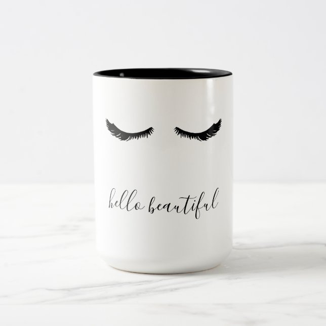 Black Eyelashes Hello Beautiful Two-Tone Coffee Mug (Center)