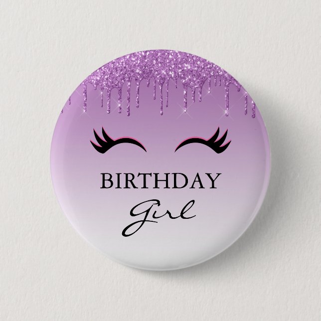 Black Eyelashes & Purple Glitter Birthday Girl 2 Inch Round Button (Front)
